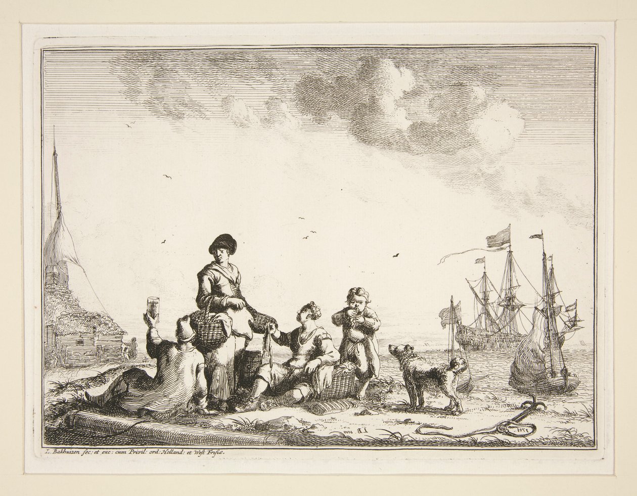 Hafen mit Seeleuten und einem Fischhändler von Ludolf Backhuysen