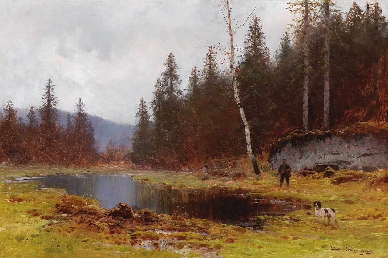 Jäger am Teich von Ludvig Skramstad