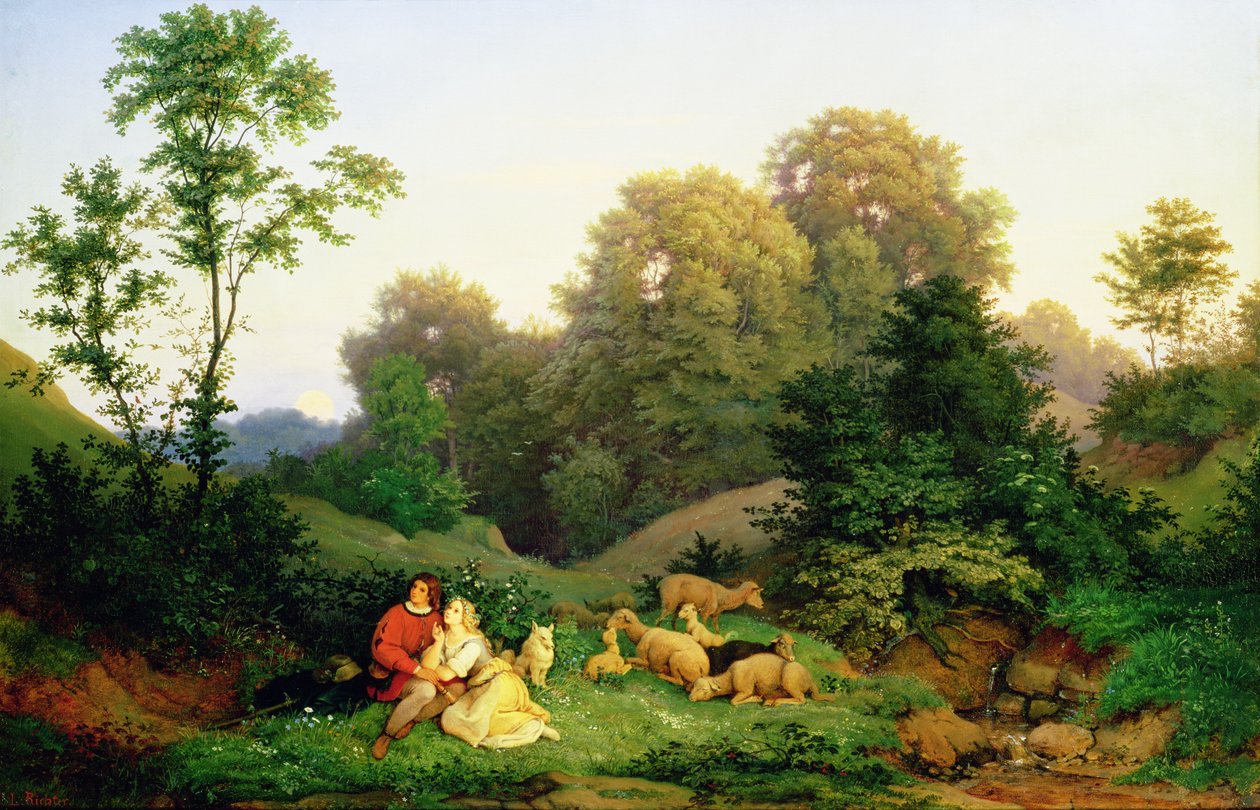 Hirte und Hirtin in einer deutschen Landschaft, 1844 von Ludwig Adrian Richter