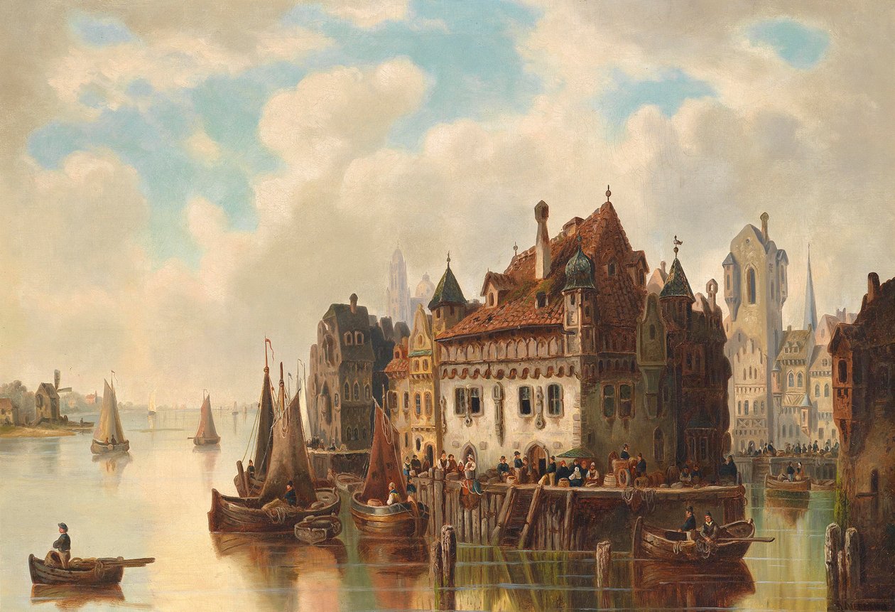 Fantasieansicht einer Stadt am Fluss von Ludwig Hermann