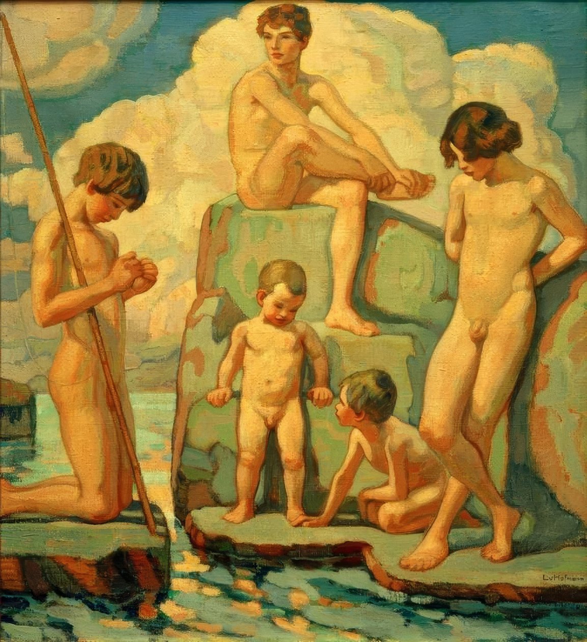 Fünf Knaben auf Felsen von Ludwig von Hofmann