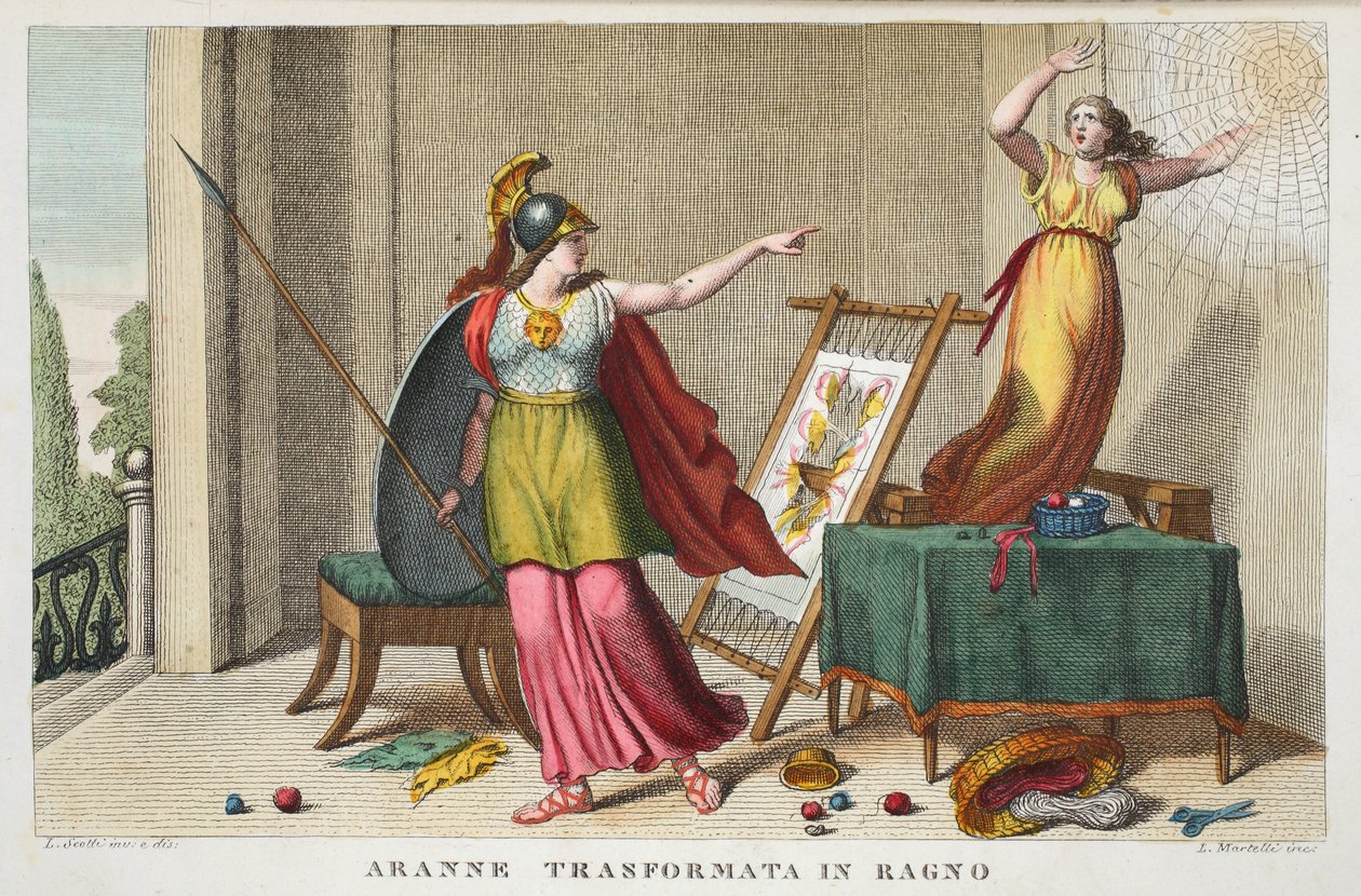 Arachne in eine Spinne verwandelt, Buch VI, Illustration aus Ovids Metamorphosen, Florenz, 1832 von Luigi Ademollo