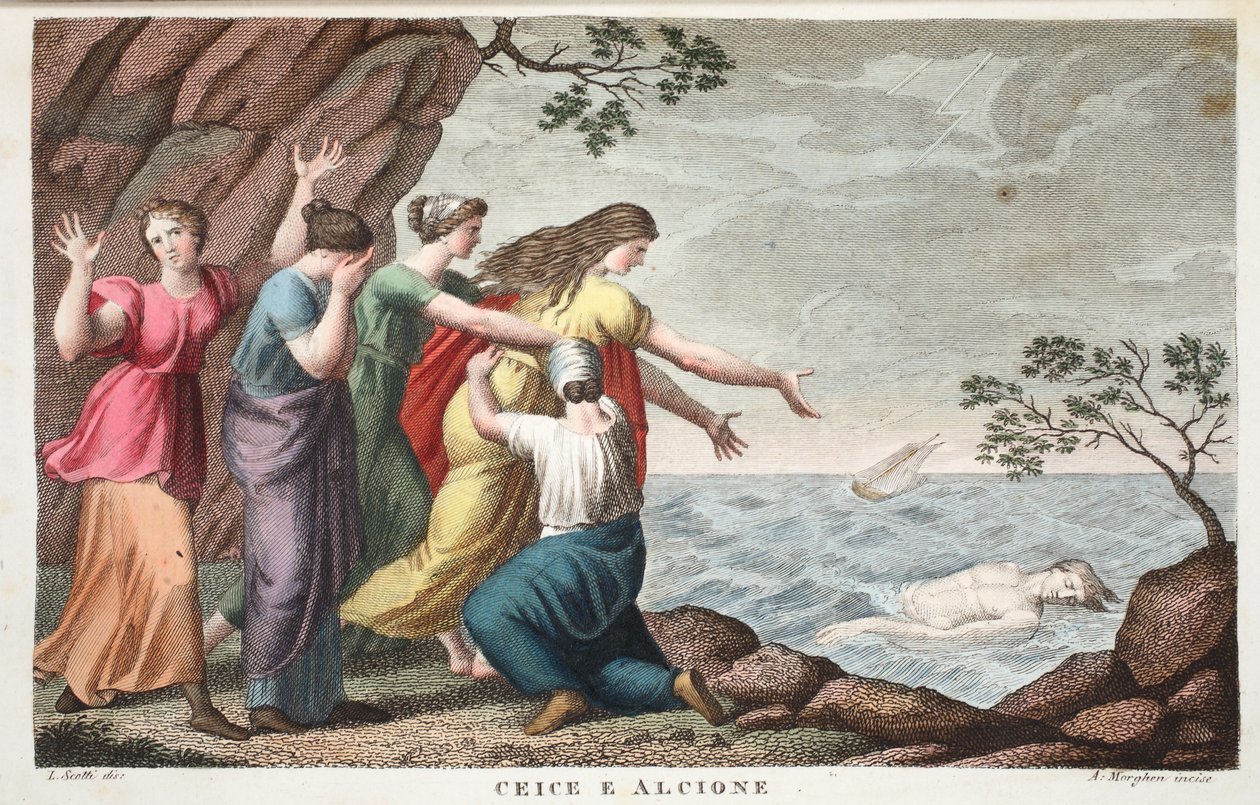 Ceyx und Alcyone oder Ceice e Alcione, Buch XI, Illustration aus Ovids Metamorphosen, Florenz, 1832 (handkolorierter Stich) von Luigi Ademollo