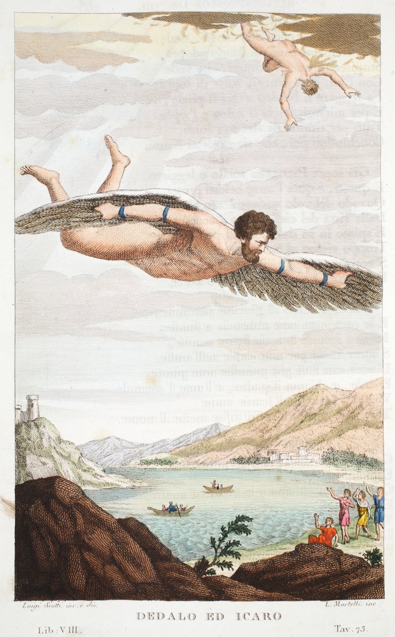 Daedalus und Ikarus, Buch VIII, Illustration aus Ovids Metamorphosen, Florenz, 1832 (handkolorierter Stich) von Luigi Ademollo
