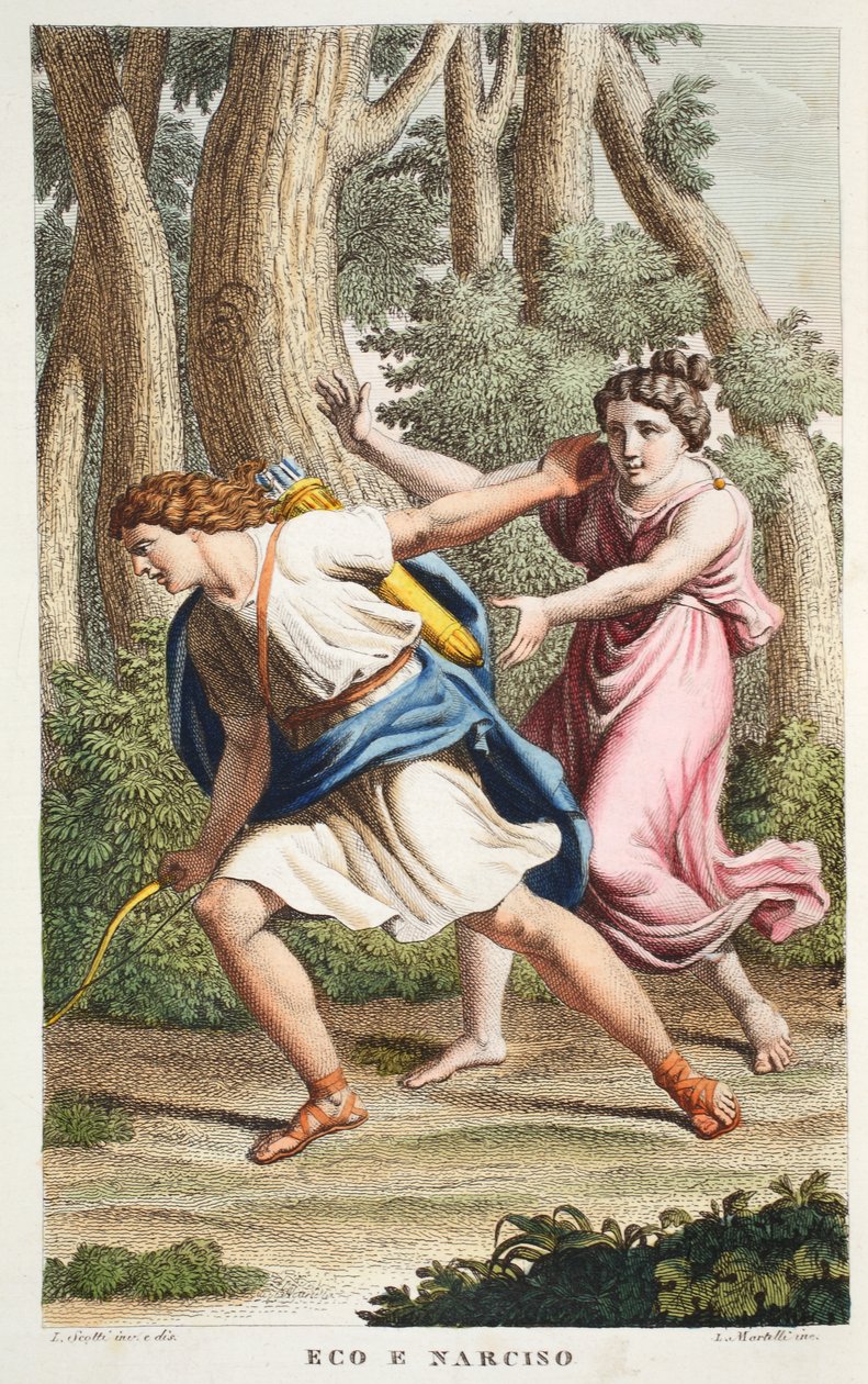 Echo und Narziss oder Eco e Narciso, Buch III, Illustration aus Ovids Metamorphosen, Florenz, 1832 von Luigi Ademollo