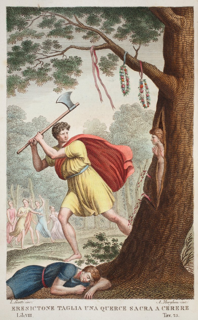 Erysichthons Stolz oder Eresictone fällt eine heilige Eiche für Ceres, Buch VIII, Illustration aus Ovids Metamorphosen, Florenz von Luigi Ademollo