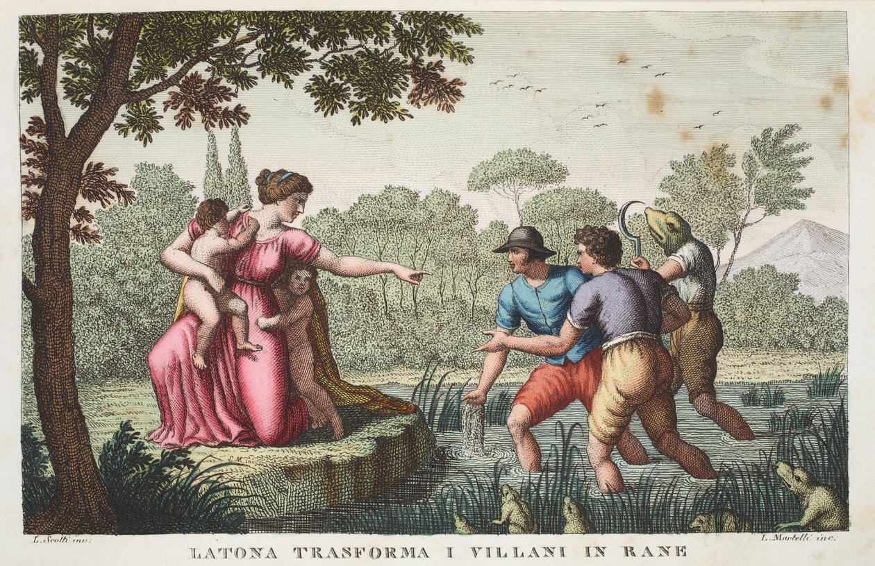 Lykische Bauern in Frösche verwandelt oder Latona verwandelt die Bauern in Frösche, Buch VI, Illustration aus Ovids Metamorphosen, Florenz, 1832 von Luigi Ademollo
