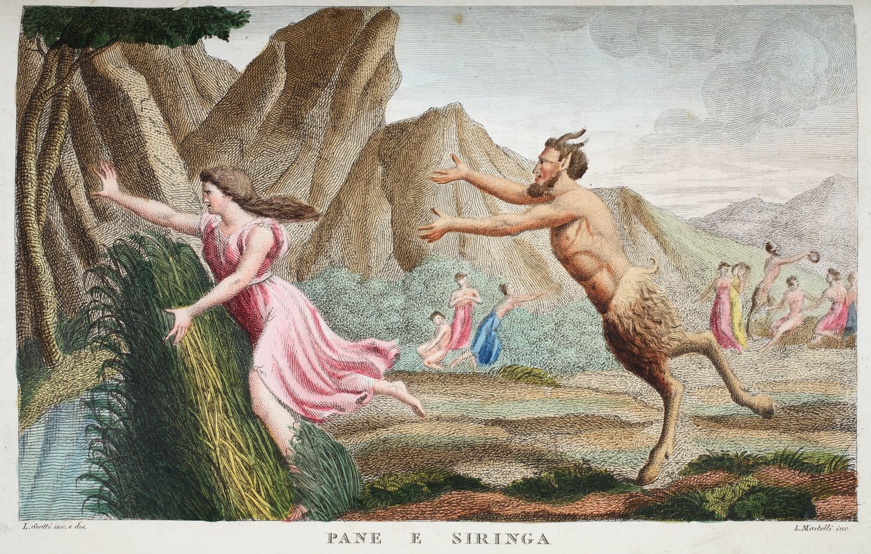 Syrinx wird zu einem Schilfrohr oder Pane e Siringa, Buch I, Illustration aus Ovids Metamorphosen, Florenz, 1832 von Luigi Ademollo