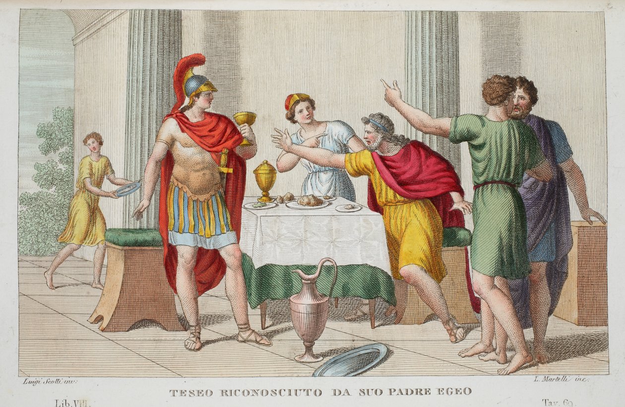 Theseus wird von seinem Vater Ägeus erkannt, Buch VII, Illustration aus Ovids Metamorphosen, Florenz, 1832 von Luigi Ademollo