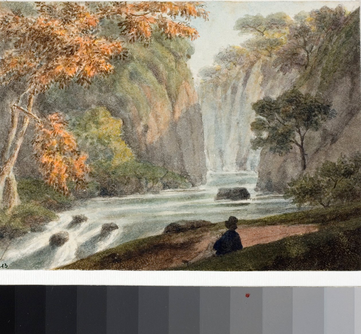 Landschaft mit Fluss und Wasserfall (Aquarell, ca. 1825) von Luigi Garibbo