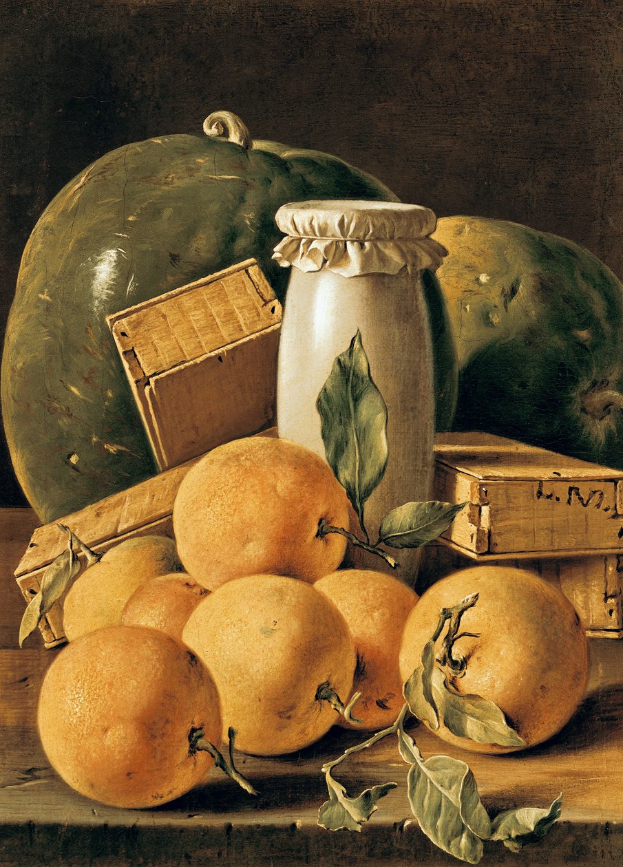 Stillleben mit Orangen, Wassermelone, einem Topf und Kuchenboxen von Luis Egidio Melendez