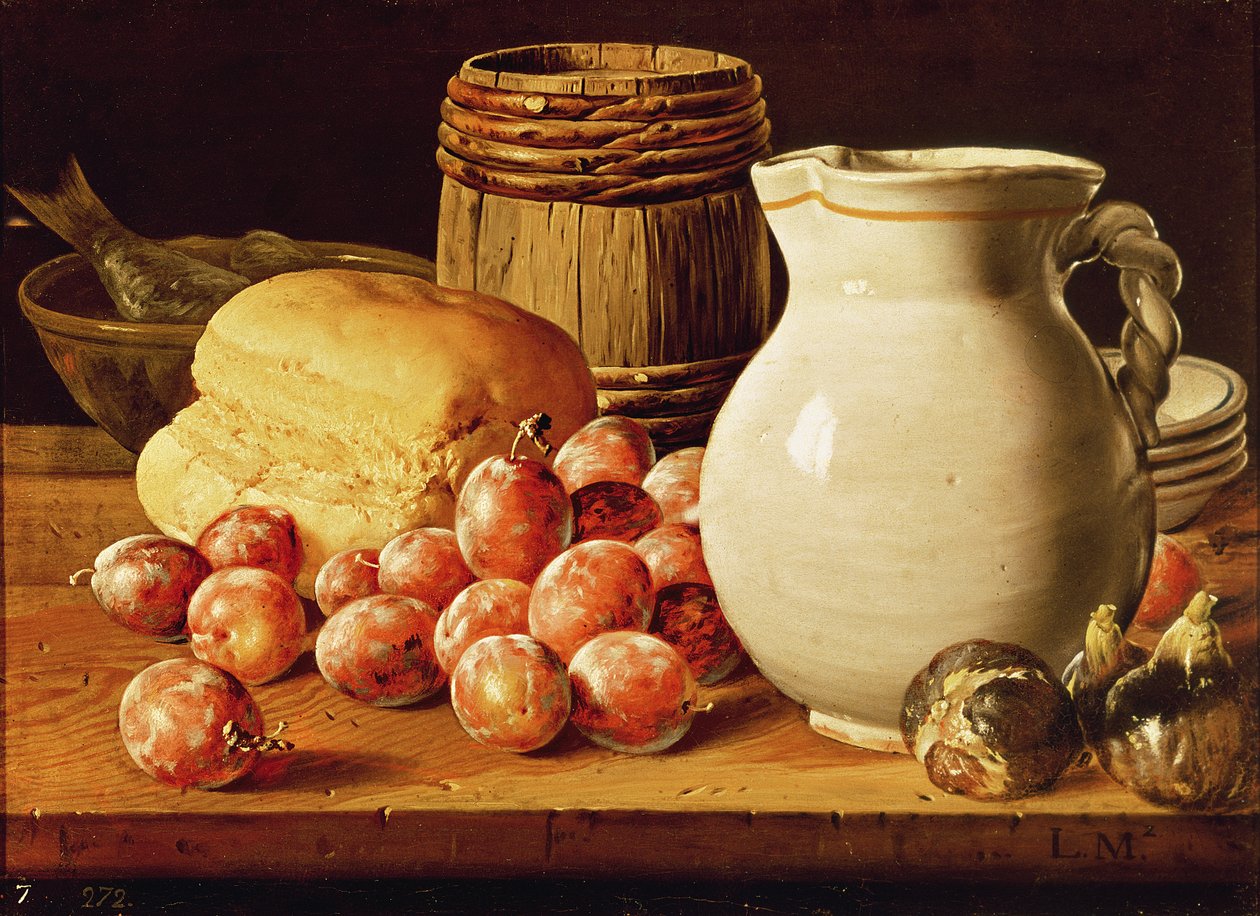 Stillleben mit Pflaumen, Feigen, Brot und Fisch von Luis Egidio Melendez