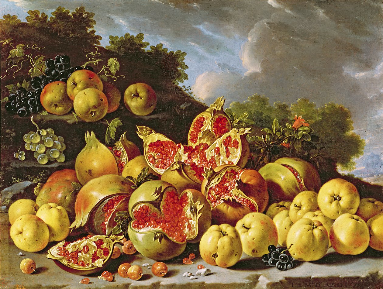 Stillleben mit Granatäpfeln, Äpfeln, Kirschen und Trauben von Luis Egidio Melendez