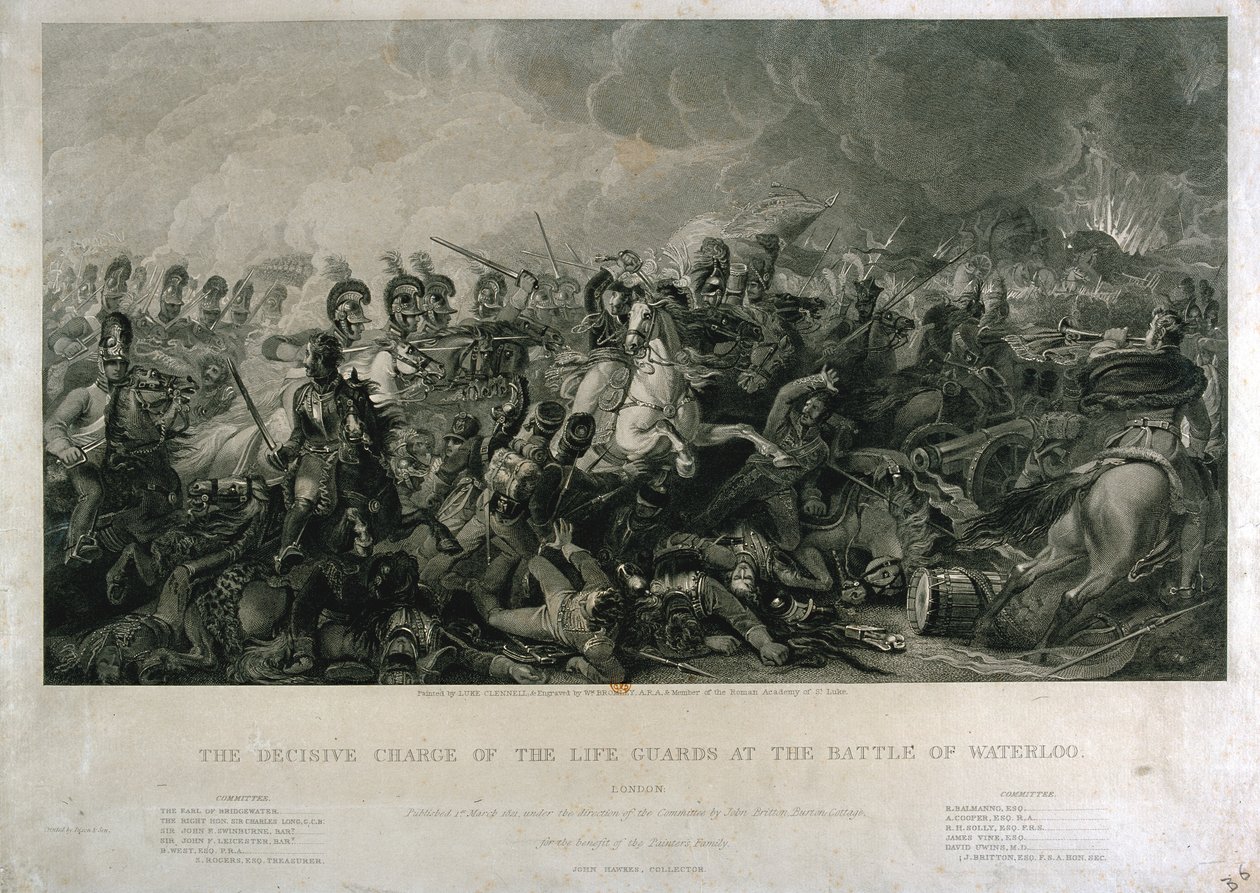 Der entscheidende Angriff der Life Guards bei Waterloo 1815, graviert von William Bromley, 1821 von Luke Clennell