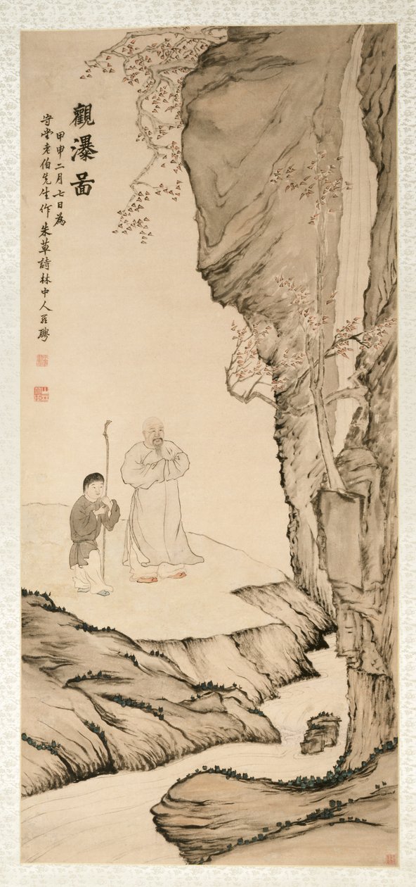 Gelehrter beobachtet den Wasserfall von Luo Ping