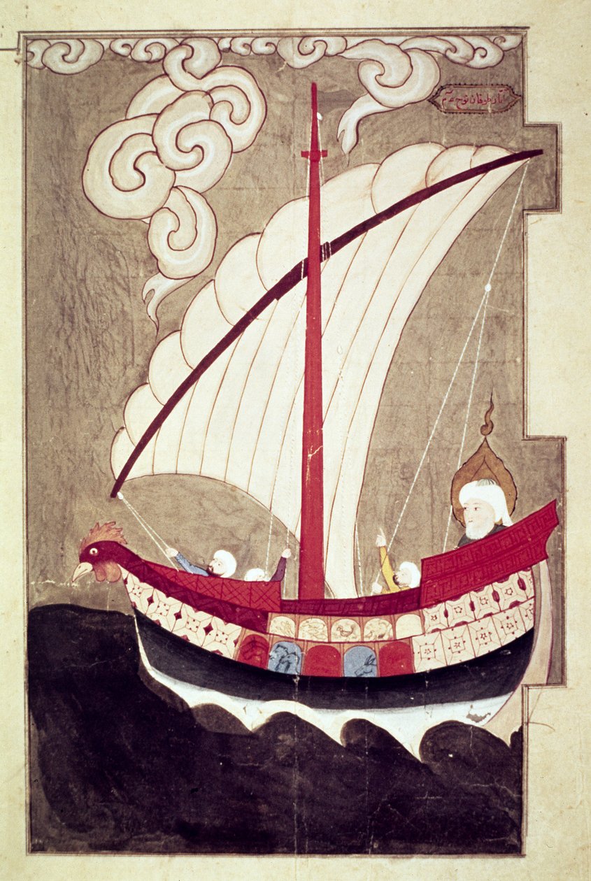 Noah segelt in seiner Arche, aus Zubdat al Tavarikh, nach 1583 fertiggestellt von Luqman i Ashur Luqman i Ashur