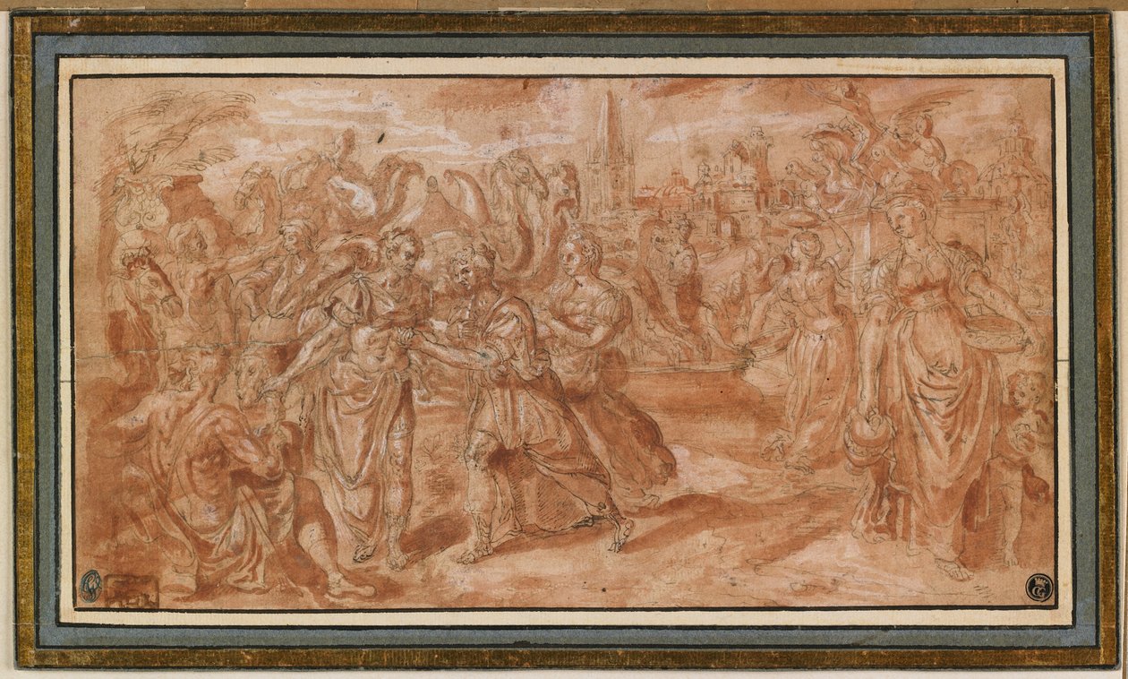 Laban und Rebekka empfangen Eliezer, 1561-62 von Maarten de Vos