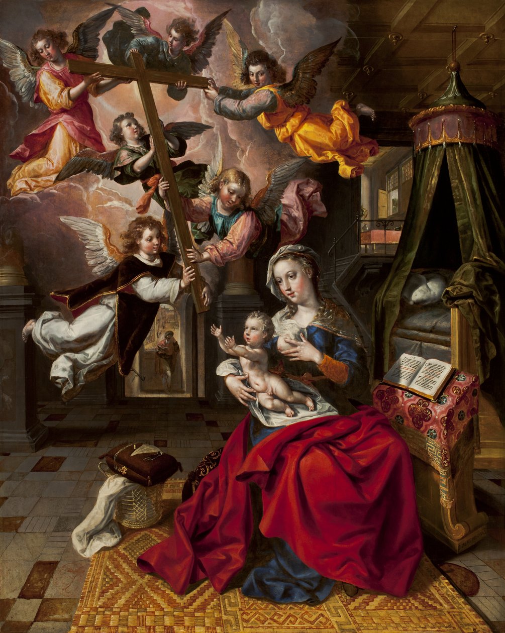 Jungfrau mit dem Christuskind, das das Kreuz begrüßt, um 1600 von Maarten de Vos