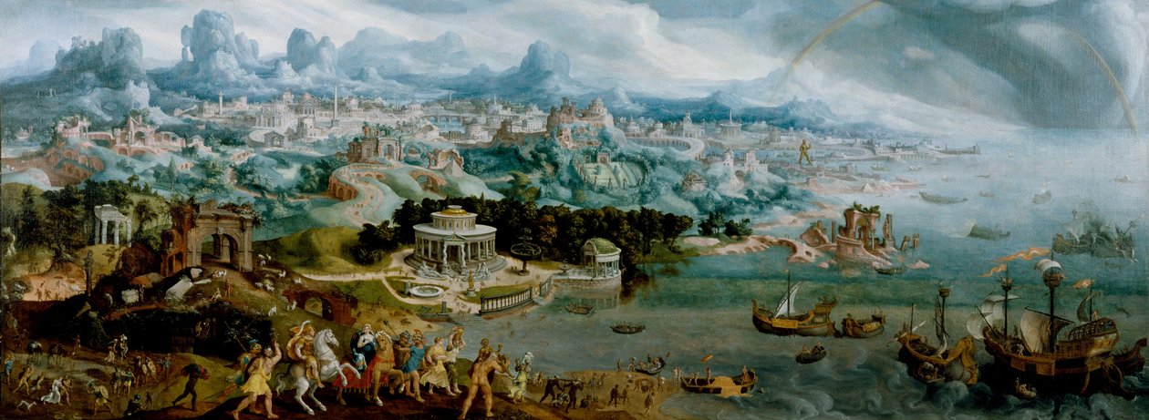 Panorama mit der Entführung der Helena inmitten der Wunder der antiken Welt von Maerten van Heemskerck