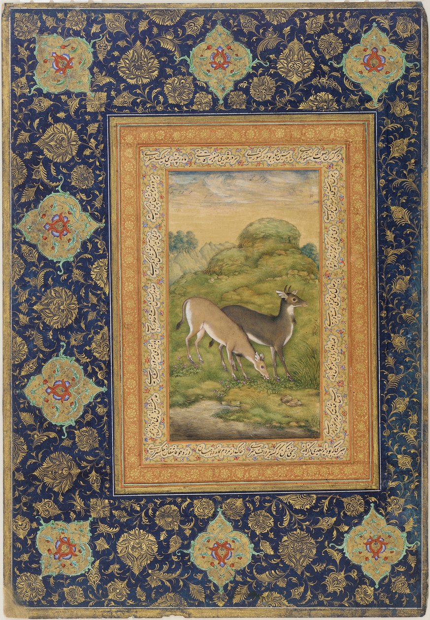 Zwei Hirsche in einer Landschaft, Schule von Jahangir von Mansur