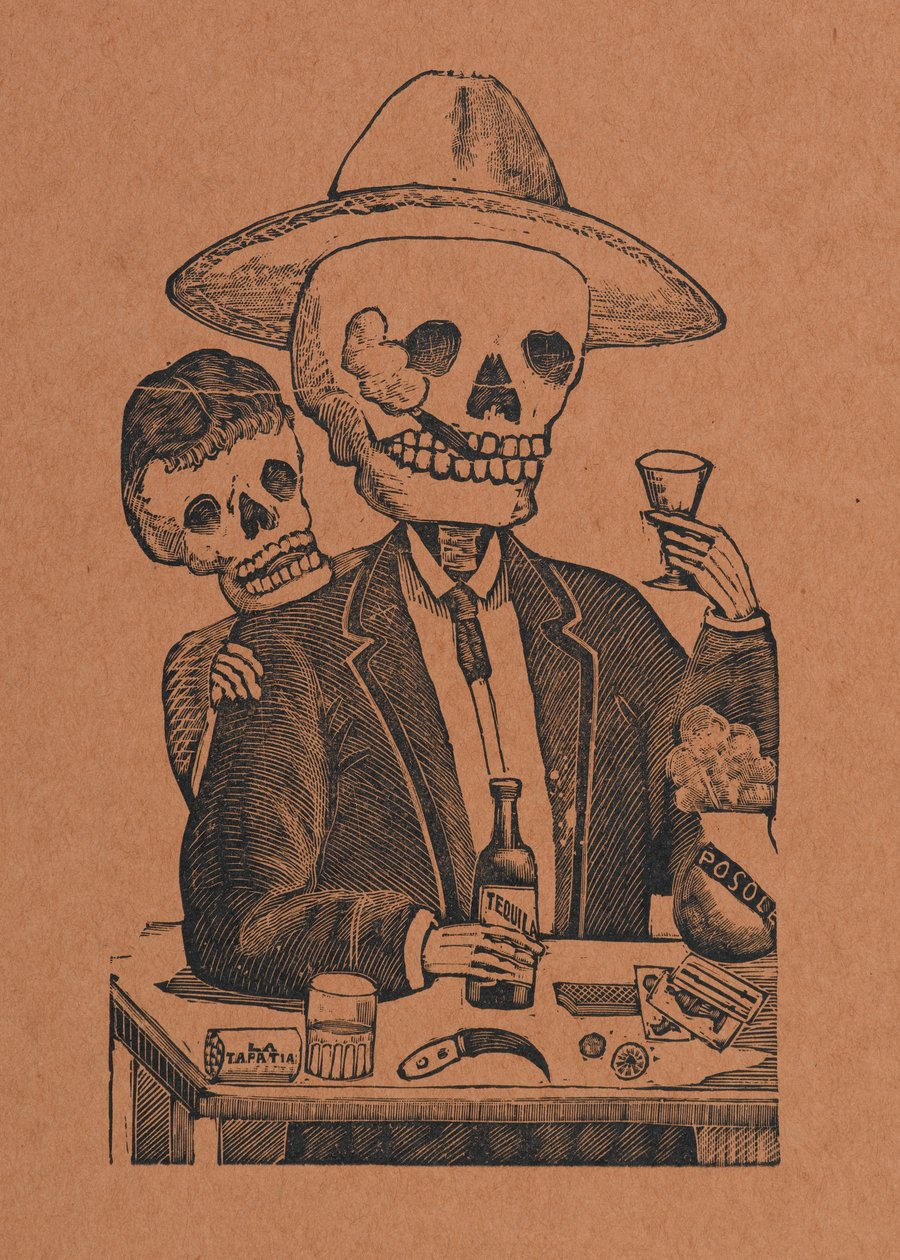 Skelettfigur in einer Bar, aus 330 Grabados Originales, gedruckt von Antonio Vanegas Arroyo (1850-1917), Mexiko-Stadt, Mexiko von Manuel Manilla