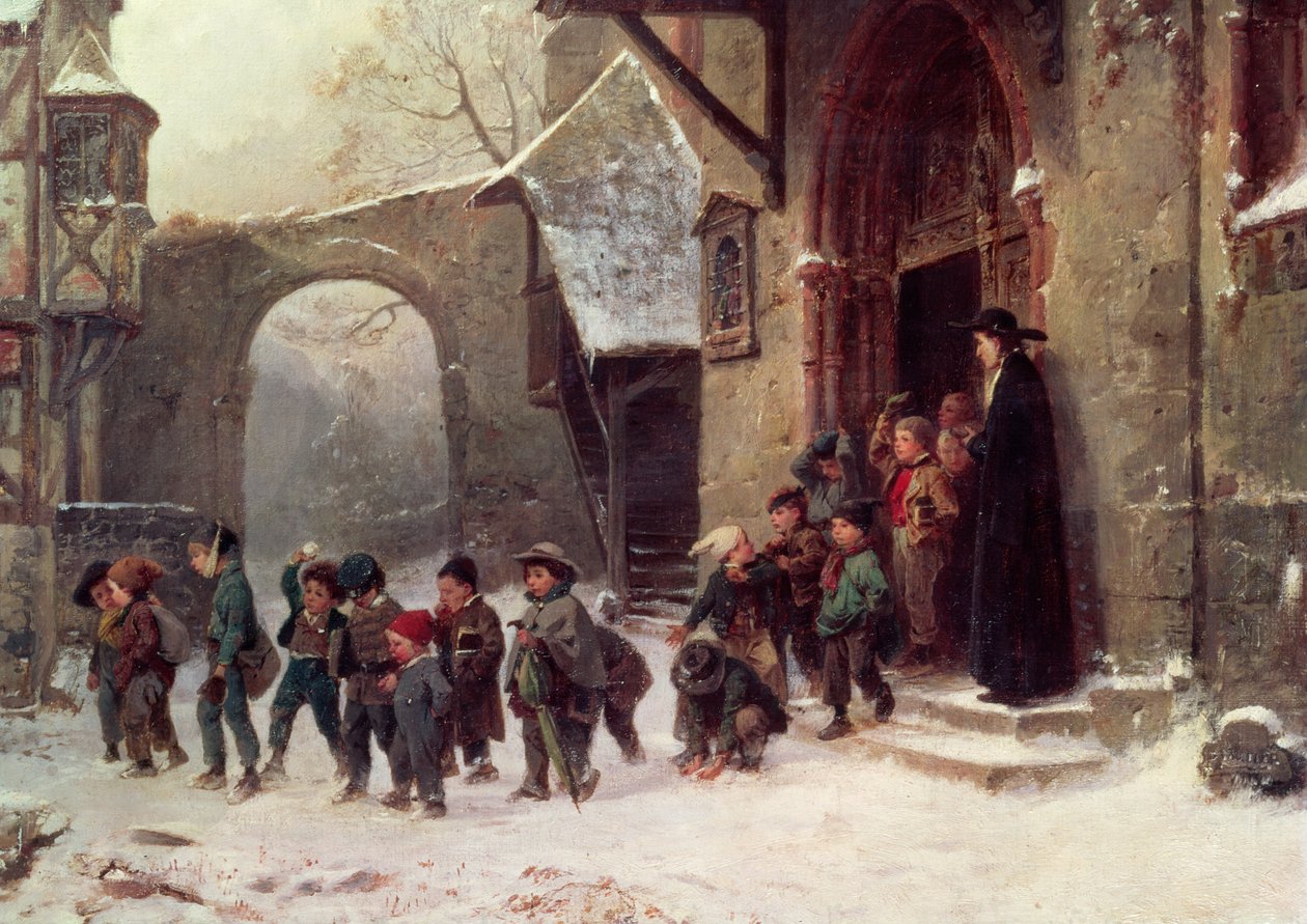 Schneeszene: Kinder verlassen die Schule, ca. 1853 von Marc Louis Benjamin Vautier