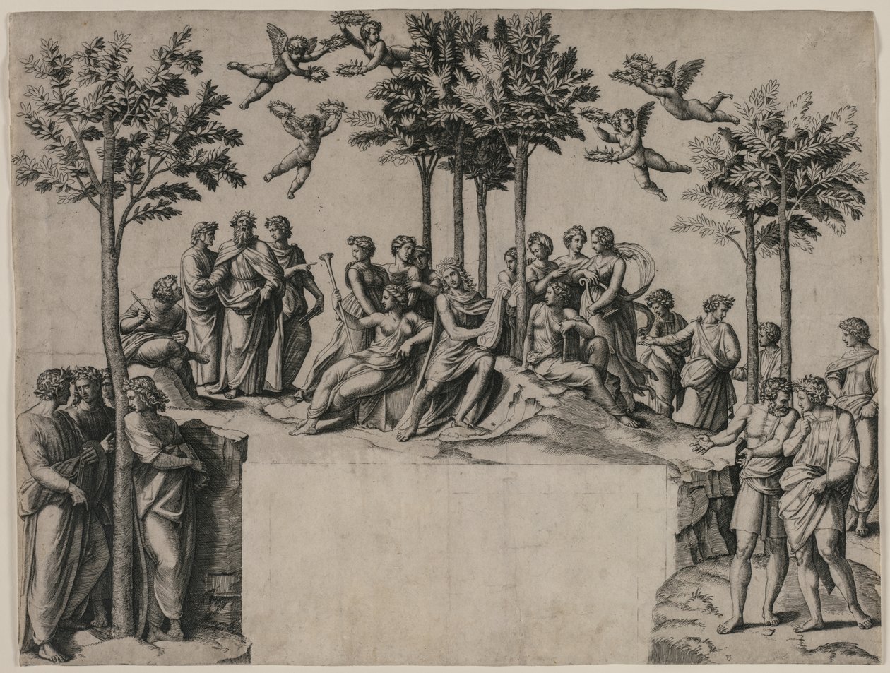 Apollo auf dem Parnass von Marcantonio Raimondi