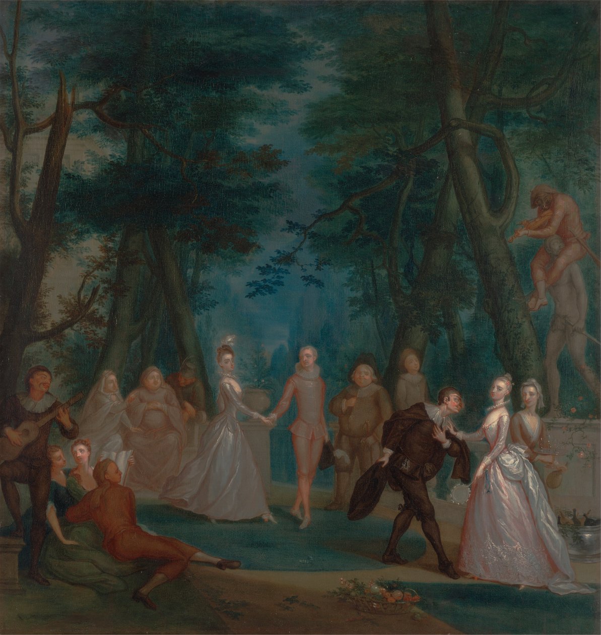 Szene in einem Park, mit Figuren aus der Commedia dell