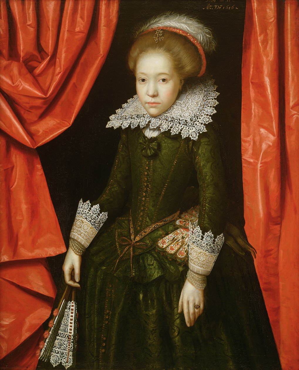 Porträt eines Mädchens der Familie de Ligne, 1616 (eines von einem Paar) von Marcus Gheeraerts