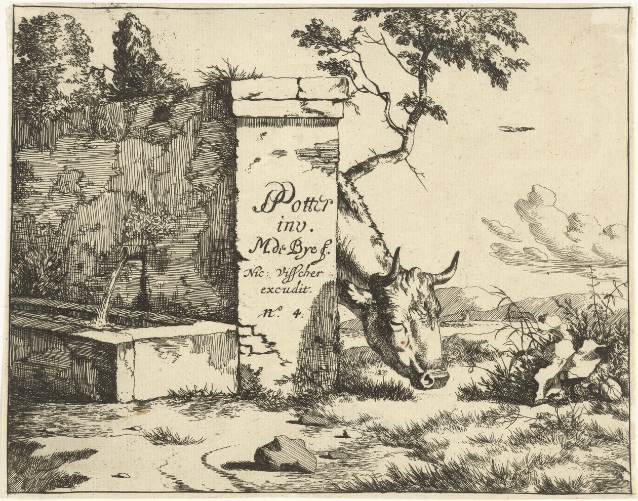 Weidendes Rind hinter einer Mauer (Rinder) von Marcus de Bye