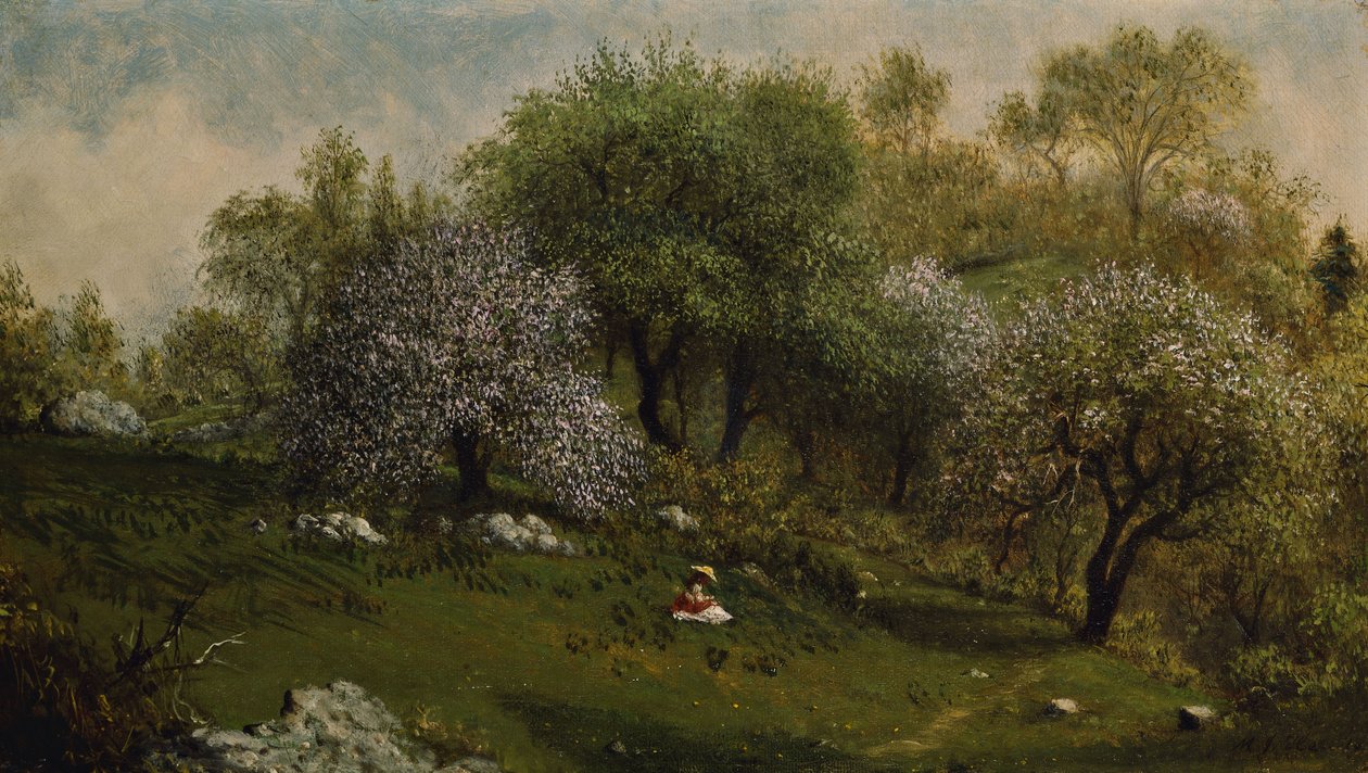 Mädchen auf einem Hügel, Apfelblüten von Martin Johnson Heade