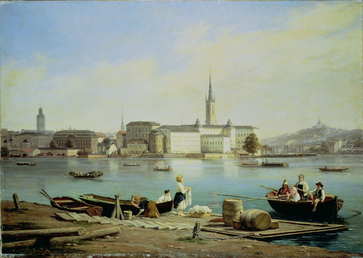 Ein Blick auf Riddarholmen am See Mälaren mit dem Ridarhuset und der Riddarholmskirche, Stockholm von Martinus Rorbye