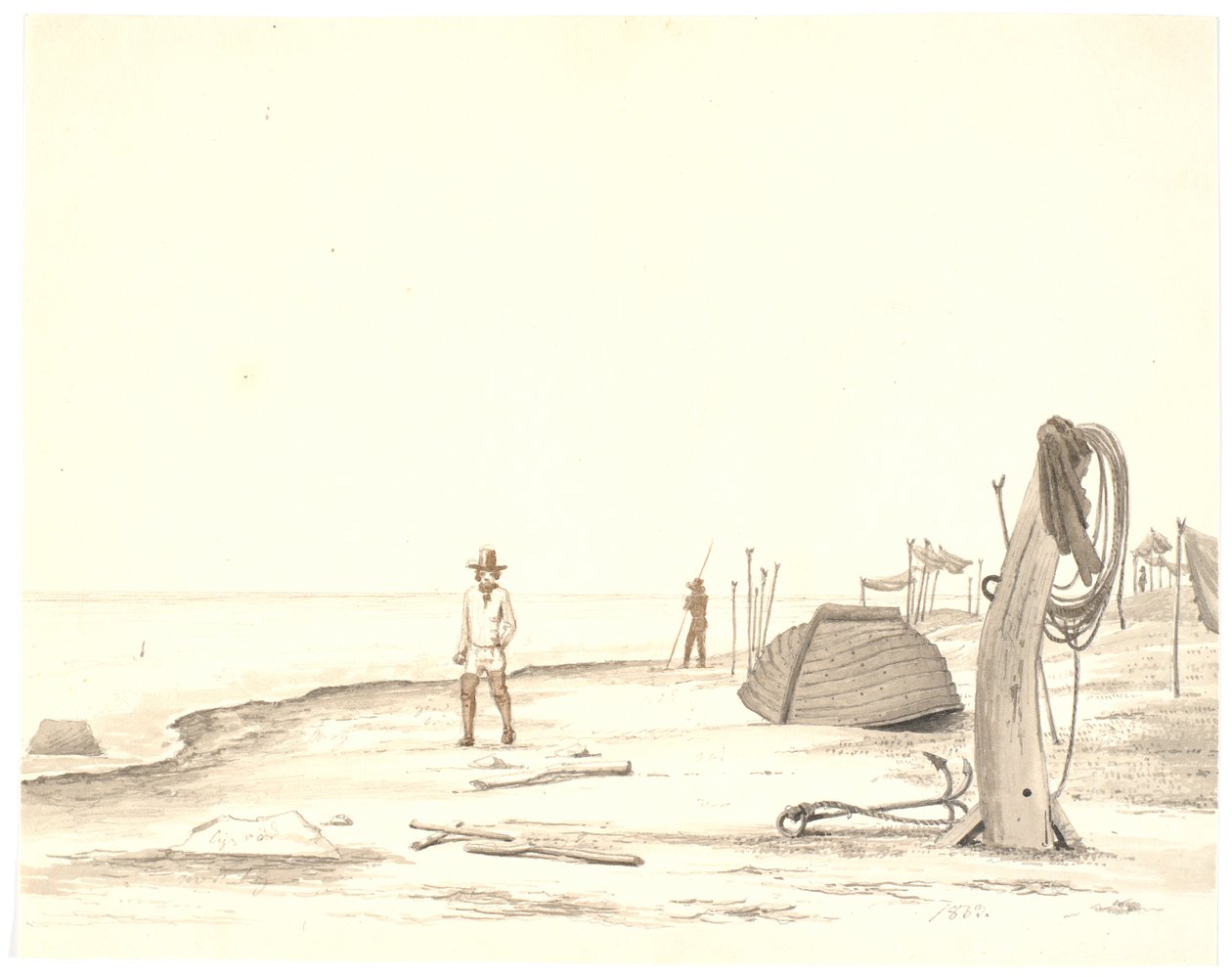 Strandpartie mit umgedrehtem Boot und zwei Fischern von Martinus Rørbye