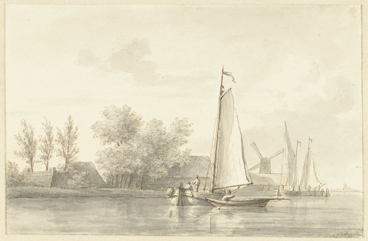 Flusslandschaft mit Segelschiff und Ruderboot von Martinus Schouman