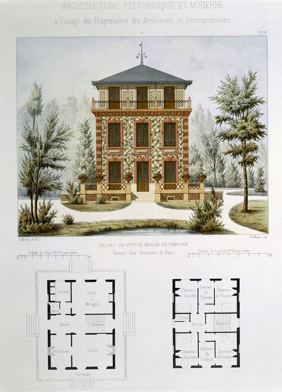 Projekt für ein kleines Landhaus in der Nähe von Paris, graviert von Walter, Tafel 12 aus 