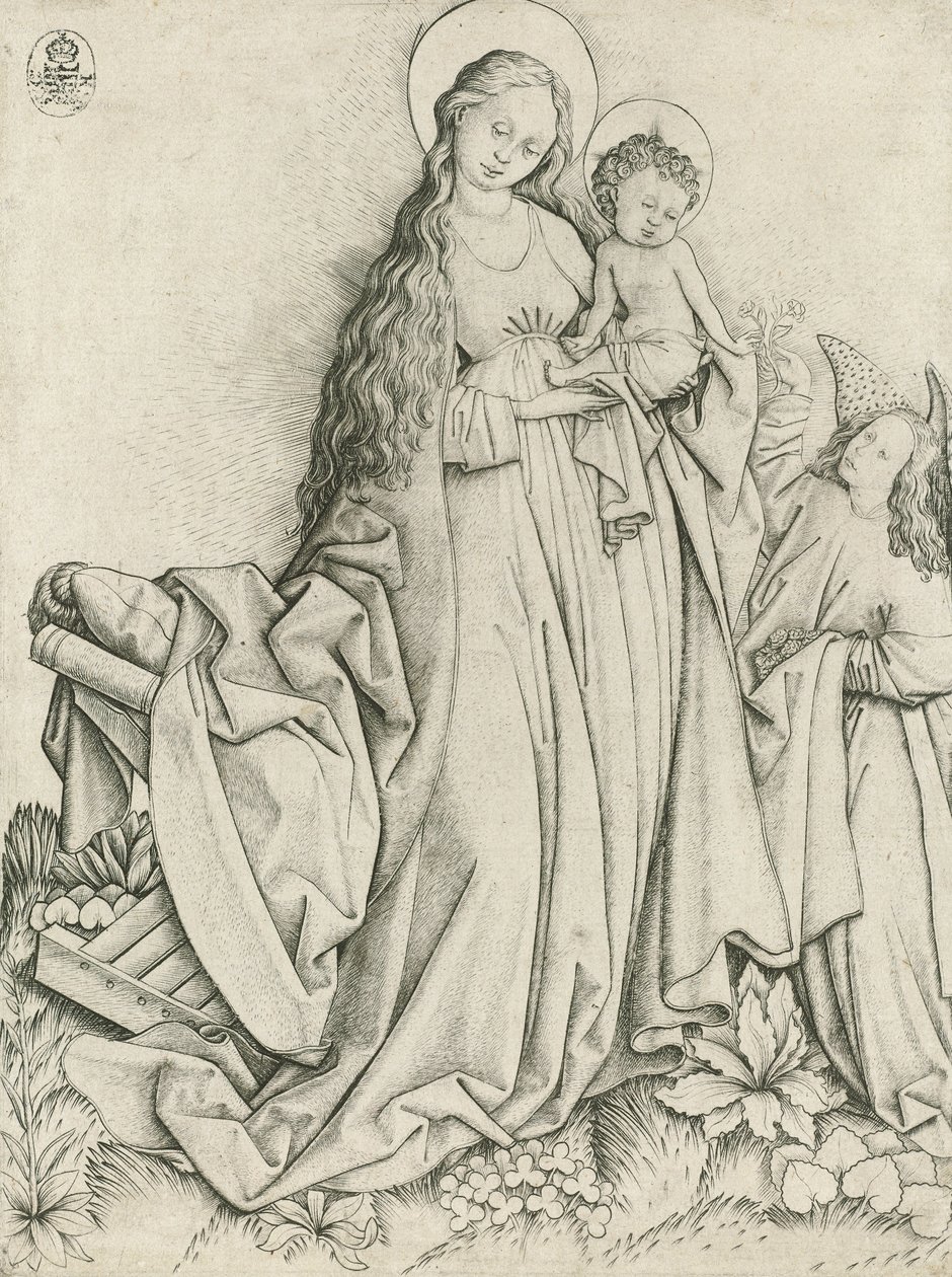 Madonna mit Engel, der Rosen gibt von Master E.S.