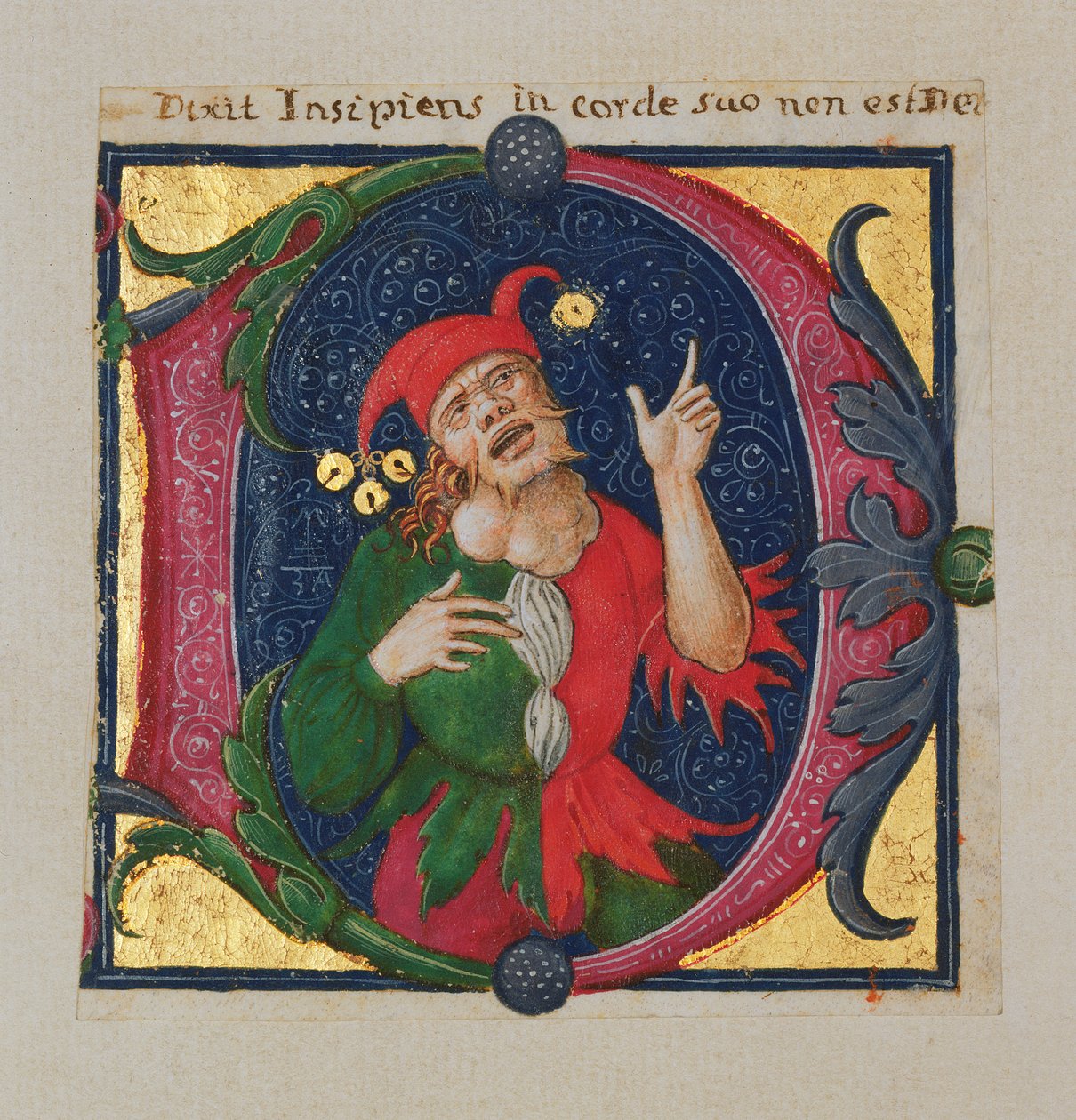 Bewohnter Initialbuchstabe D, der einen Narren darstellt (Aquarell & Gold auf Pergament) von Master M.Z.A.