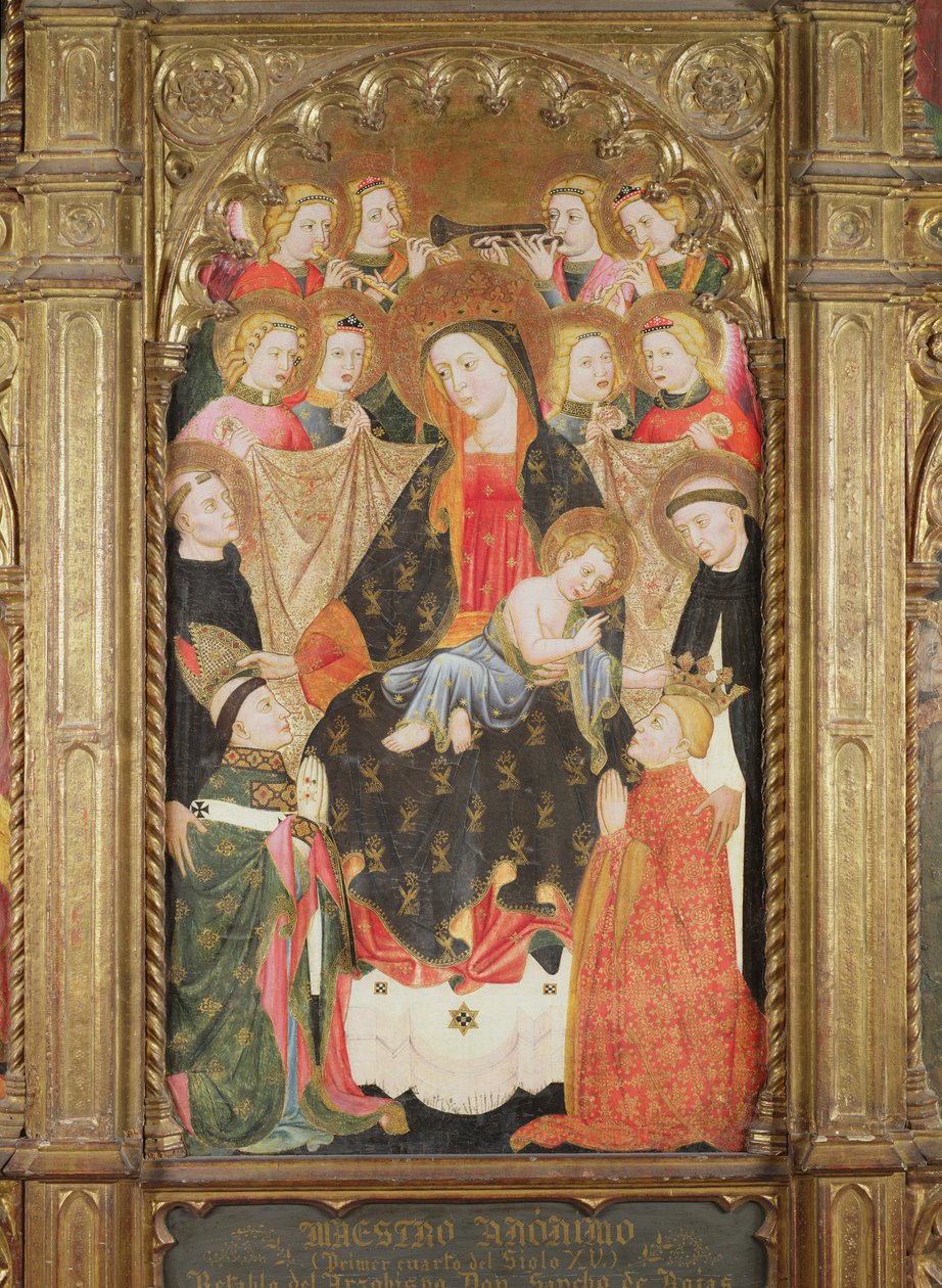 Altarbild mit der Jungfrau und dem Kind mit Engeln, Dominikanerheiligen und zwei Stiftern von Master of Archbishop Don Sancho Rojas