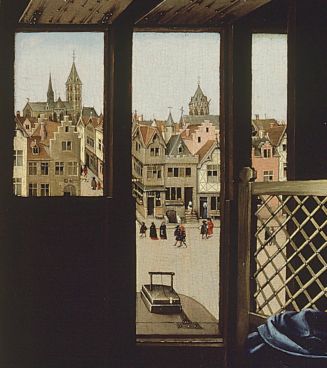 St. Joseph als mittelalterlicher Zimmermann dargestellt, Detail des Fensters vom rechten Flügel des Merode-Altars, ca. 1427-32 von Master of Flémalle