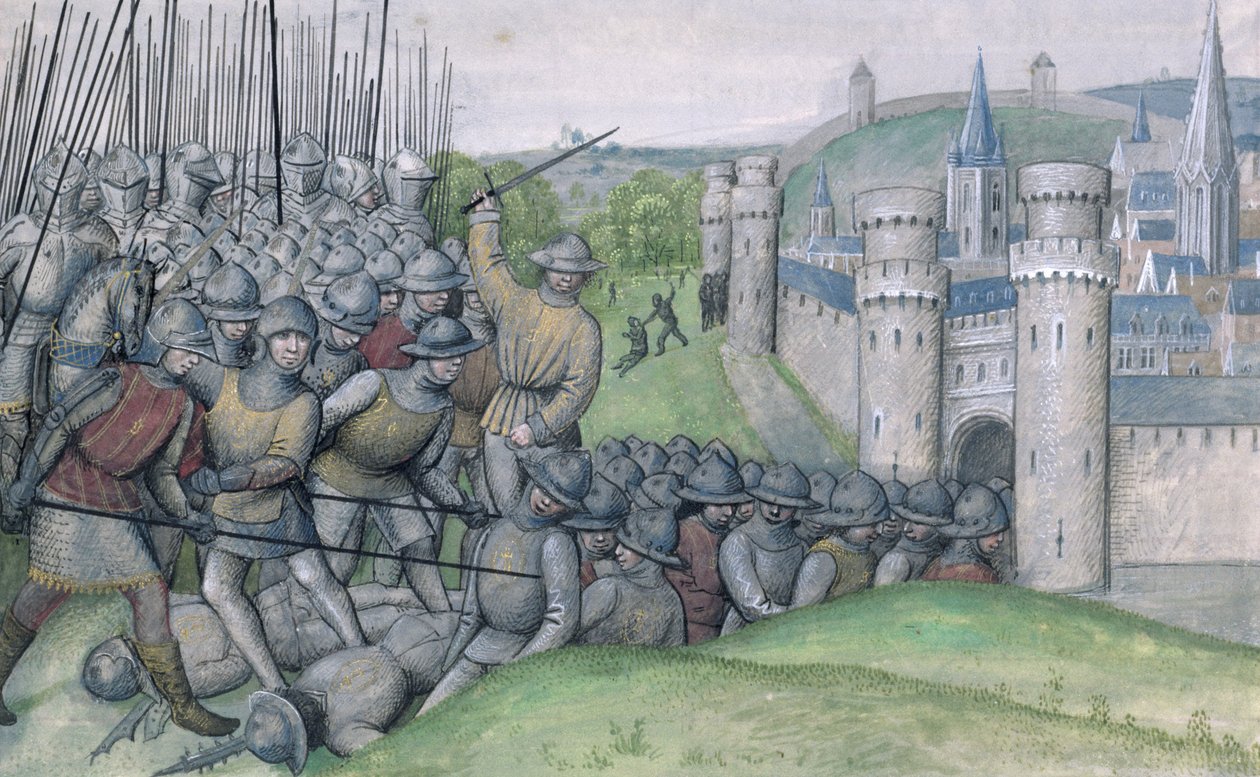 Ms 659 f.282r Louis, Graf von Flandern und die Stadt Brügge werden von Filips van Artefelde und den Leuten von Gent in der Schlacht von Bevenhoutsveld 1382 besiegt, 1477 von Master of Mary of Burgundy