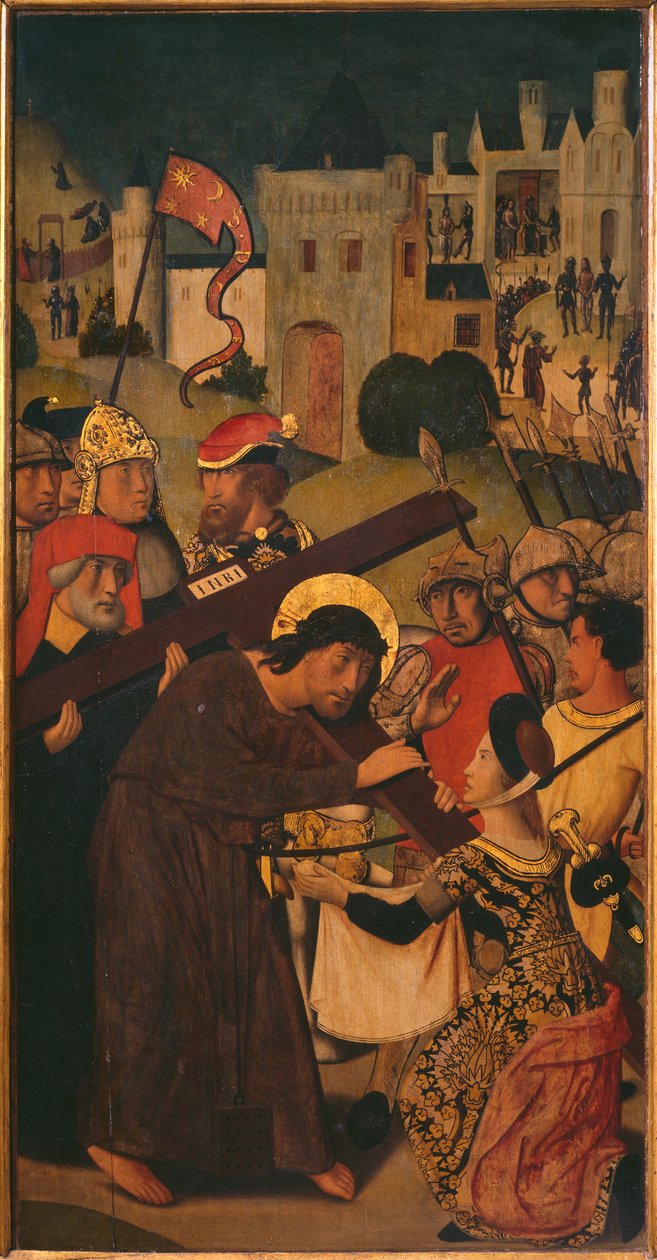 Passionstriptychon, das Tragen des Kreuzes, linkes Panel von Master of St. Godelieve Legend
