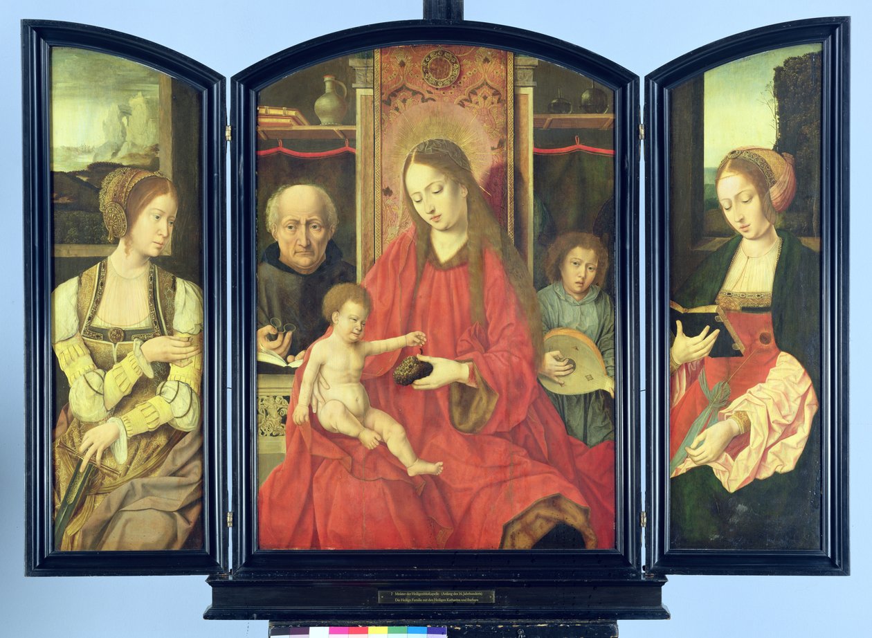 Die Heilige Familie mit St. Katharina und St. Barbara, Triptychon von Master of the Holy Blood