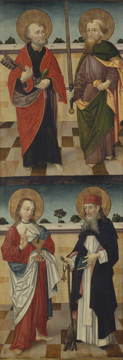 Oben: St. Peter mit einem Schlüssel und St. Paul mit einem Schwert; Unten: St. Johannes der Evangelist mit einem Kelch, der eine Schlange enthält, und St. Antonius der Große mit einem Pilgerstab und einem Schwein zu seinen Füßen von Master of the Luneburg Footwashers