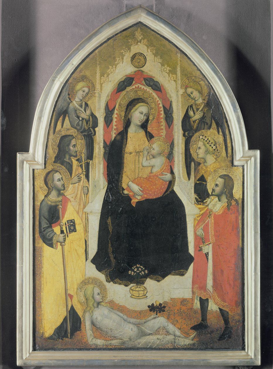 Jungfrau und Kind mit Engeln und Heiligen, ca. 1390-95 von Master of the Straus Madonna