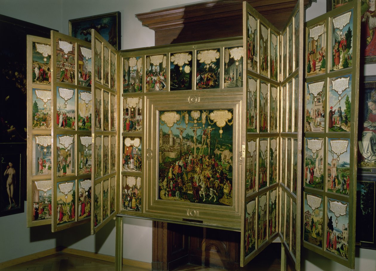 Mompelgarter Altar, mit zentralem Panel und sechs klappbaren Seitenpanelen, alle Szenen aus dem Neuen Testament darstellend von Matthias Gerung or Gerou