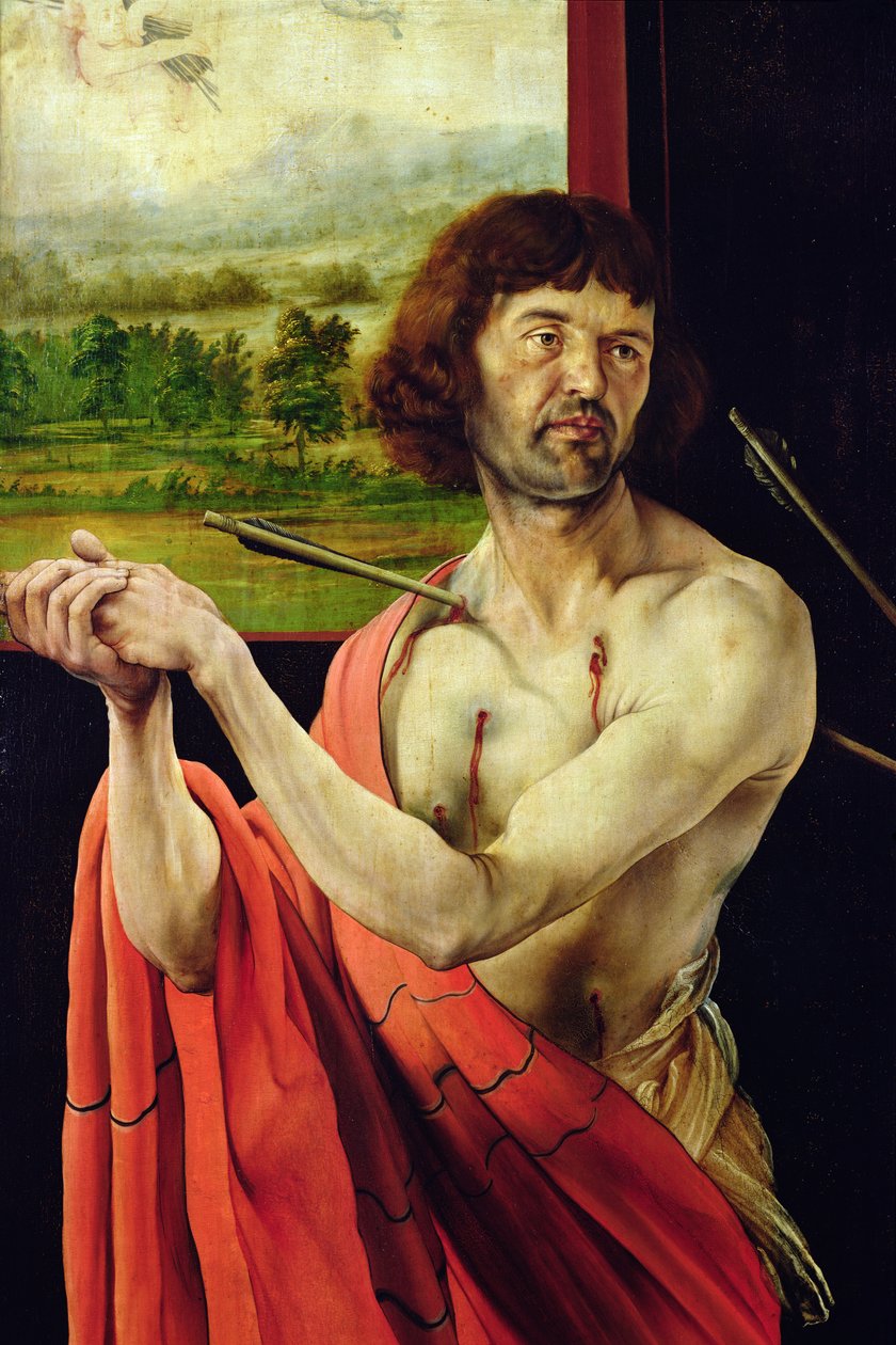 Isenheimer Altar, innerer Flügel (Detail) von St. Sebastian und Landschaft von Matthias Grünewald