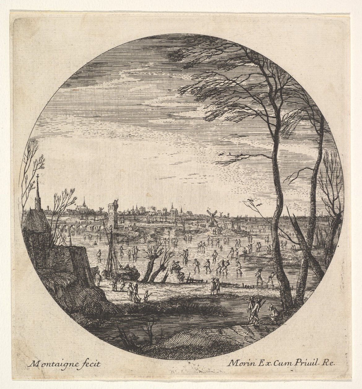 Winterlandschaft mit Schlittschuhläufern auf einem zugefrorenen Gewässer in einer Rundkomposition von Matthieu van Plattenberg