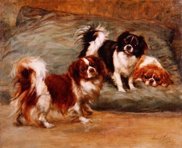 Drei King Charles Spaniels auf einem Kissen von Maud Earl