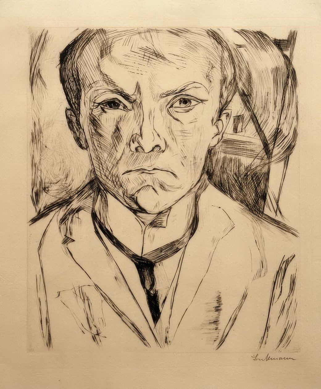 Selbstbildnis von vorn, im Hintergrund Hausgiebel von Max Beckmann