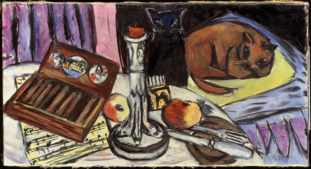 Stilleben mit silbernem Leuchter (Stilleben mit Katzen) von Max Beckmann